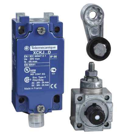 Telemecanique Sensors XCKJ Series Roller Lever Limit Switch, DPST, IP66, Zinc Zamak Alloy Housing, 50V ac, 3A