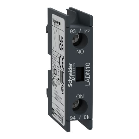 Schneider Electric Auxiliary Contact Block, 1 Contact, 1 NO, TeSyS D, Front, 10 A, 690V ac, LADN10