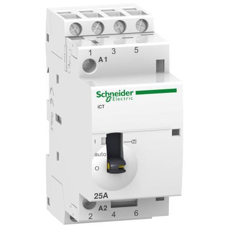 Schneider Electric Acti9 iCT Contactor, 230V ac Coil, 4-Pole, 25 A, 1.6 W 240V, 4 NO, 400V ac