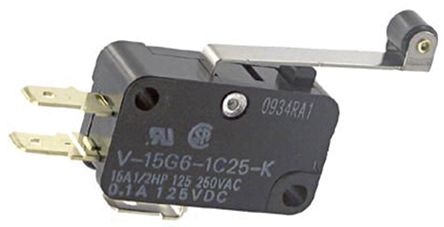 Omron Hinge Roller Lever Micro Switch, Quick Connect Terminal, 15 A, 250 V ac, SPCO, IP40