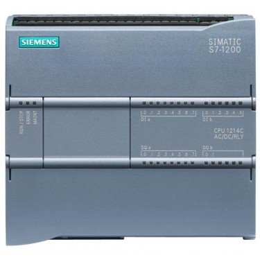 SIMATIC S7-1200, CPU 1214C, compact CPU, AC/DC/relay, onboard I/O: 14 DI 24 V DC; 10 DO relay 2 A; 2 AI 0-10 V DC, Power supply: AC 85-264 V AC at 47-63 Hz, Program/data memory 100 KB