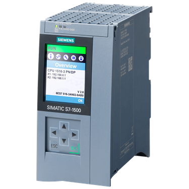 SIMATIC S7-1500, CPU 1516-3 PN/DP, central processing unit with 1 MB work memory for program and 5 MB for data, 1st interface: PROFINET IRT with 2-port switch, 2nd interface: PROFINET RT, 3rd interface: PROFIBUS, 10 ns bit performance, SIMATIC Memory Card required