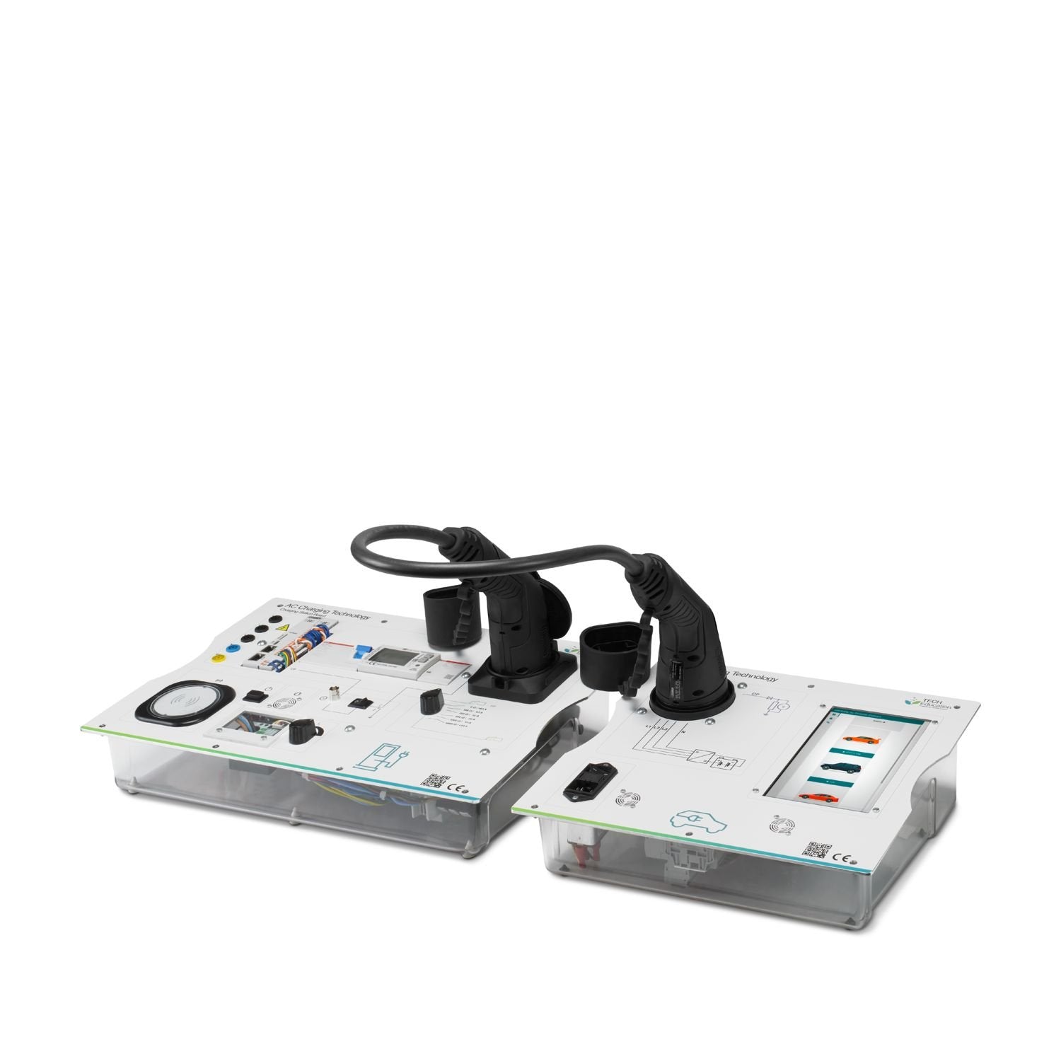 The EDU AC SET T2 consists of EDU AC station T2, EDU AC EV T2, and EDU AC CC T2 and maps the functions of a charging station and an electric car and is used to teach e-mobility learning contents
