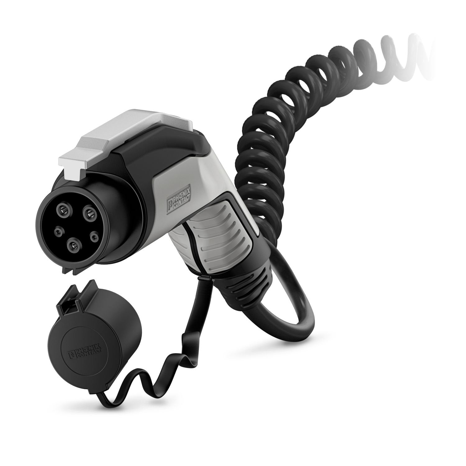 CHARX connect comfort, Type 1, AC charging cable, 20 A permanent, 250 V AC, with vehicle charging connector and open cable end, cable: 4 m, black, spiraled, with protective cap, with locking option for padlock, housing: black, gray, PHOENIX CONTACT logo, IEC 62196-2, SAE J1772, for charging electric vehicles (EV) with alternating current (AC) via type 1 vehicle charging inlets