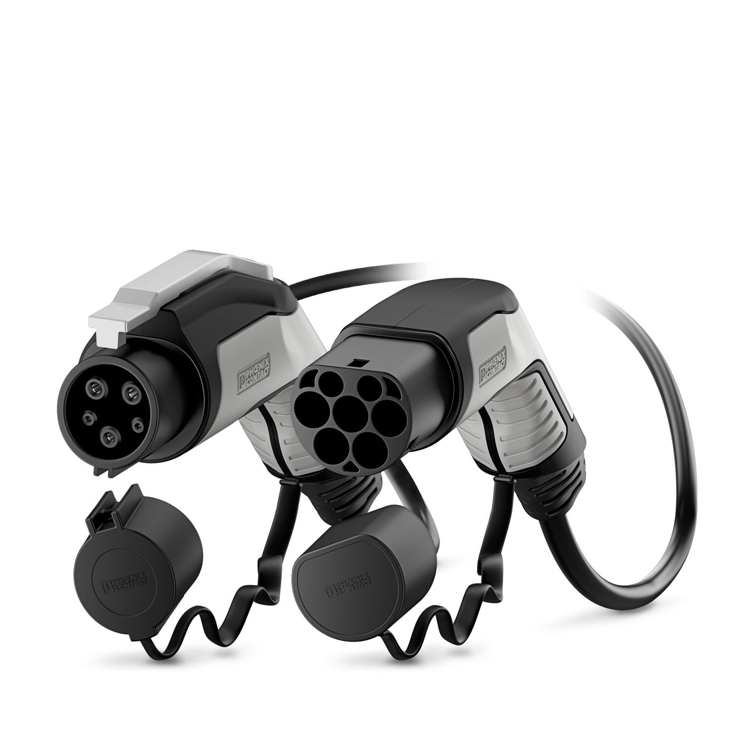 CHARX connect comfort, Type 1, Type 2, Mobile AC charging cable, 20 A permanent, 250 V AC, with vehicle charging connector and infrastructure charging plug, cable: 4 m, black, straight, with protective cap, with locking option for padlock, housing: black, gray, PHOENIX CONTACT logo, IEC 62196-2, SAE J1772, for charging electric vehicles (EV) with alternating current (AC) via type 1 vehicle charging inlets