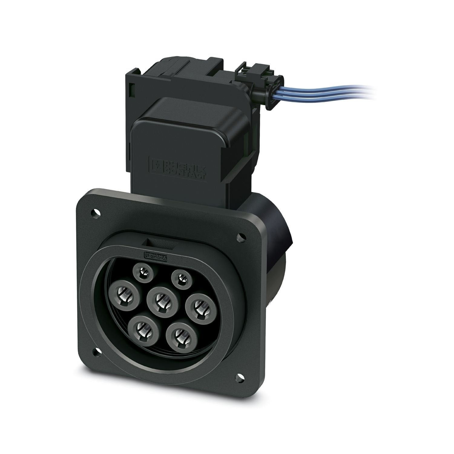 CHARX connect basic, GB/T, Infrastructure charging socket, 32 A , 250 V AC, Single wires, length: 0.5 m, locking actuator: 12 V, 3-pos., square, Rear panel mounting, housing: black, with temperature sensors, for charging electric vehicles with alternating current (AC), PHOENIX CONTACT logo, GB/T 20234.2-2015