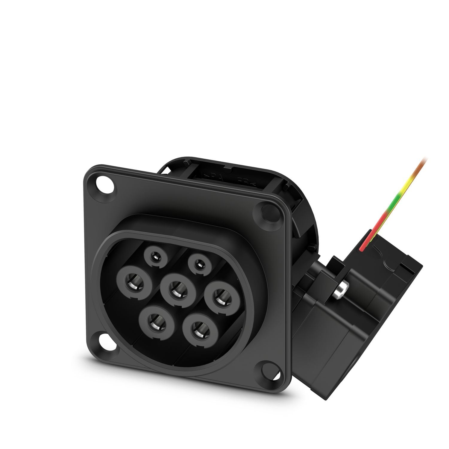 CHARX connect modular, Type 2, Infrastructure charging socket, 32 A , 480 V AC, without single-core wires, locking actuator: 12 V, 4-pos., square, Rear panel mounting, M5 thread, housing: black, for charging electric vehicles (EV) with alternating current (AC), IEC 62196-2