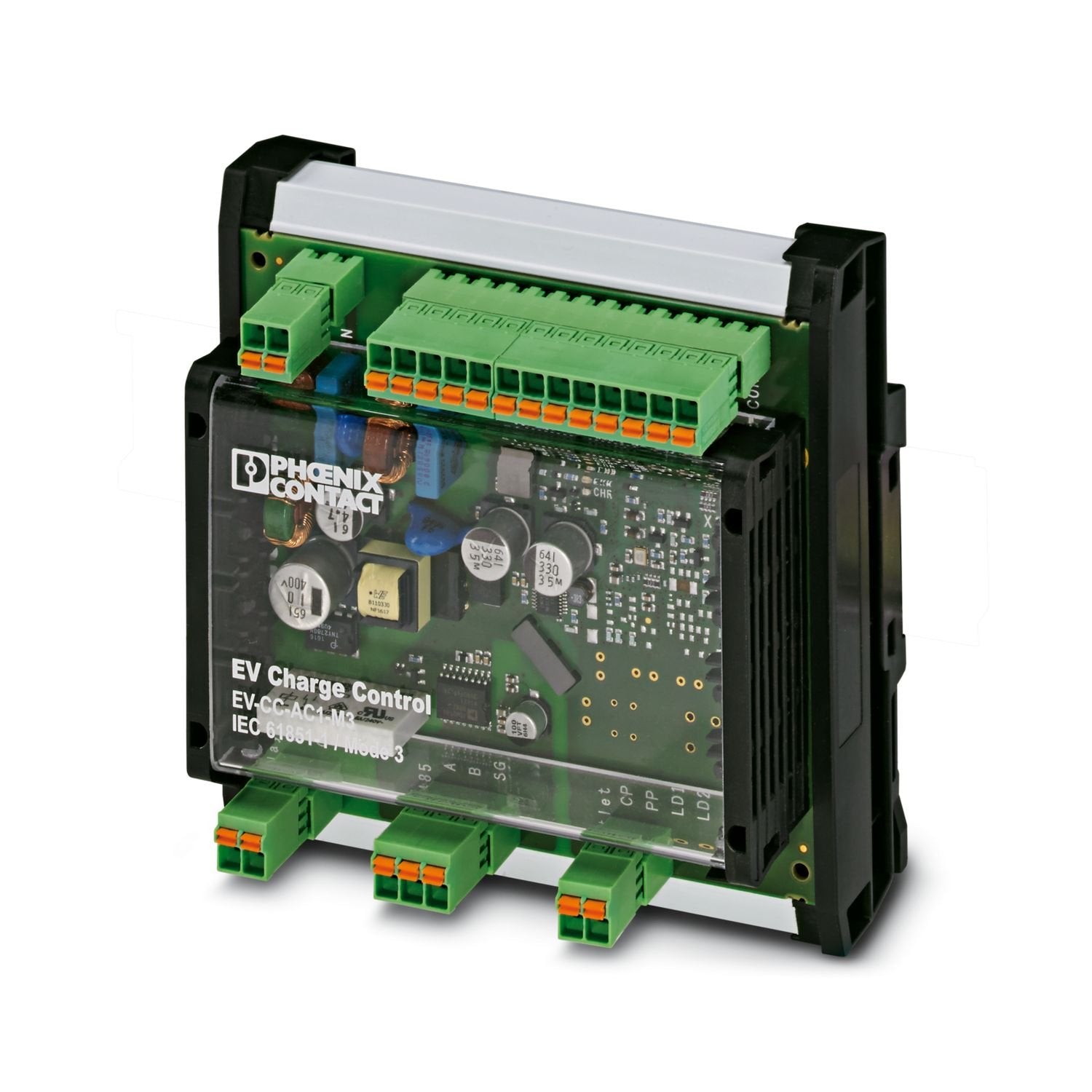 The EV-CC-AC1-M3-CBC-SER-HS-MSTB charging controller with housing for DIN rail mounting and plug-in connection technology is used to charge electric vehicles on the 3-phase AC power grid in accordance with IEC 61851-1, mode 3. Optimized for charging stations with permanently mounted vehicle charging connector. All charging functions and comprehensive configuration settings are already integrated.