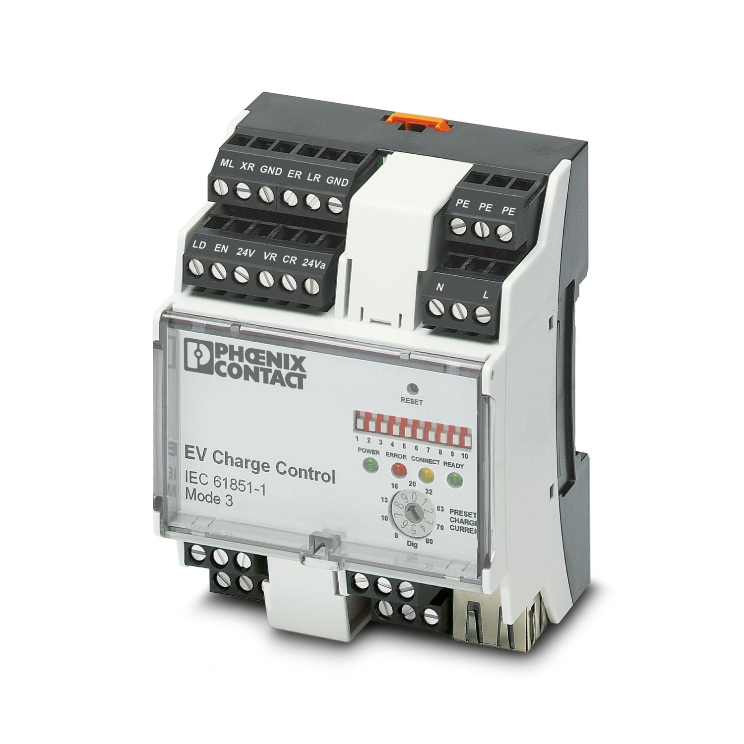 EV charge control is used to charge electrical vehicles on the 3-phase AC mains power supply according to IEC 61851-1 Mode 3. All necessary control functions are integrated. Additional functions are available for various charging applications.