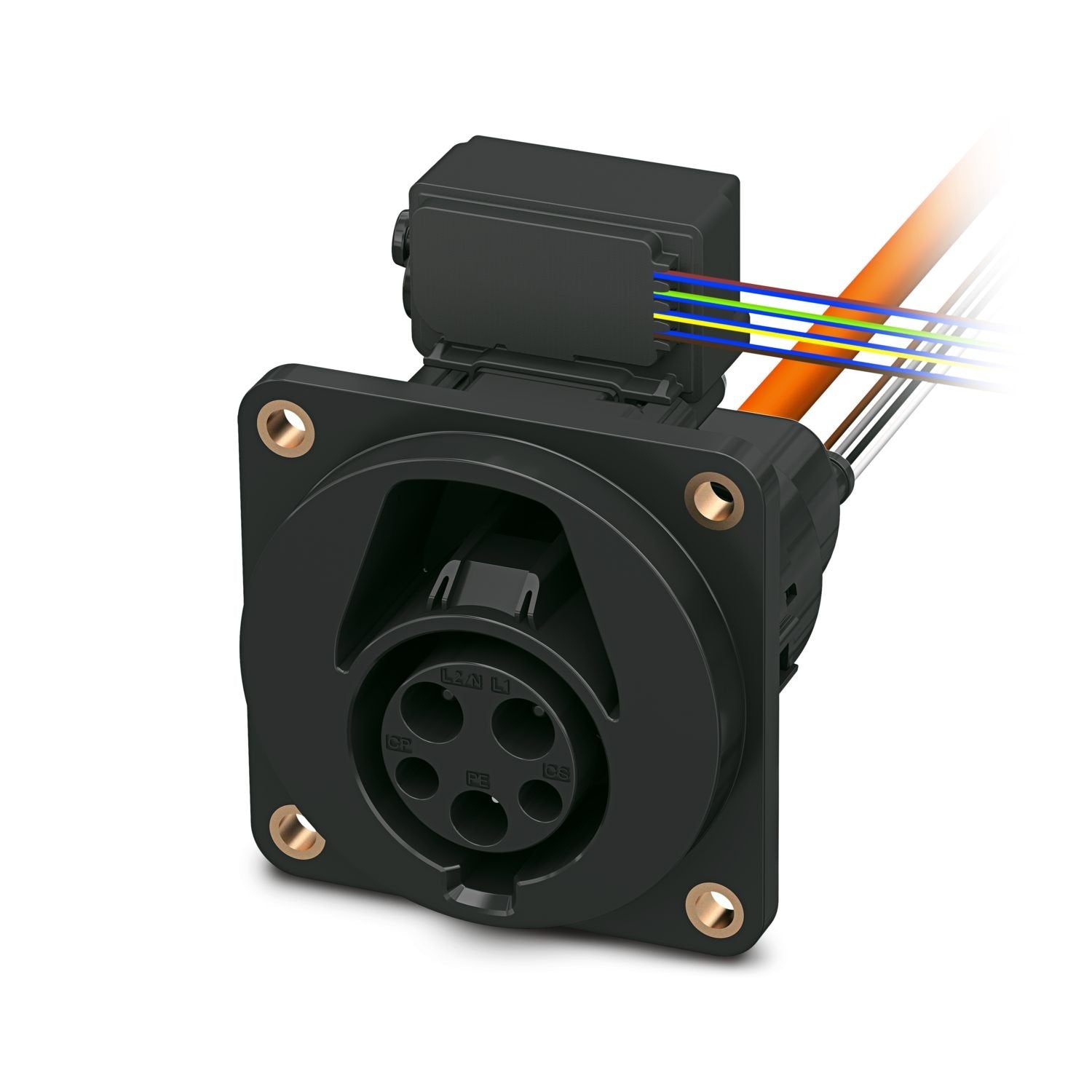 CHARX connect universal, AC type 1, Vehicle charging inlet, 48 A , 250 V AC, Single wires, length: 2 m, locking actuator: 12 V, 4-pos., Front and rear mounting, M6, housing: black, for charging electric vehicles with alternating current (AC), IEC 62196-2, SAE J1772, A protective cap is supplied as standard for the AC contacts.