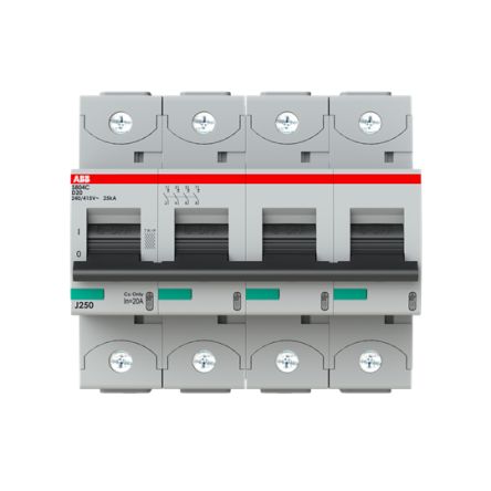 ABB S804C Miniature Circuit Breaker, 4-Pole, 20A, Type D, 415V ac AC, 500 V dc DC, 25 kA Breaking Capacity