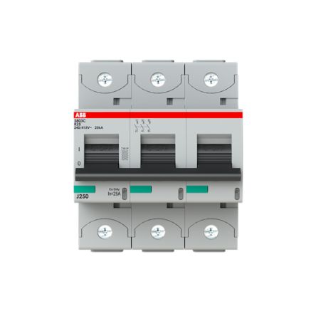 ABB S803C Miniature Circuit Breaker, 3-Pole, 25A, Type K, 415V ac AC, 25 kA Breaking Capacity