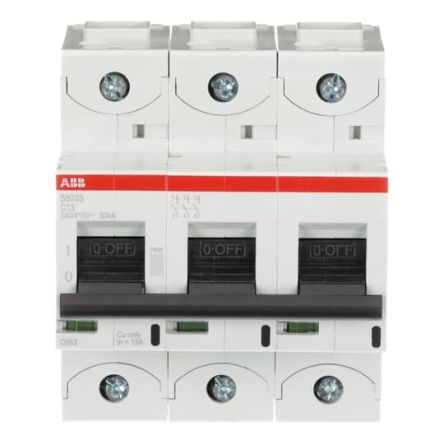 ABB S800S Miniature Circuit Breaker, 3-Pole, 13A, Type C, 240V ac AC, 50 kA Breaking Capacity