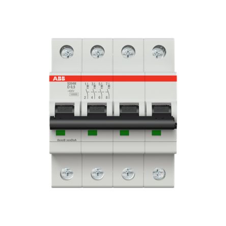 ABB System Pro M Compact S200M Miniature Circuit Breaker, 4-Pole, 0.5A, Type D, 400V ac AC, 125 V dc DC, 15 kA Breaking