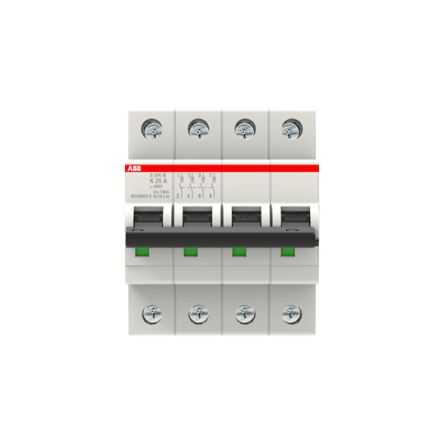 ABB System Pro M Compact S200M Miniature Circuit Breaker, 4-Pole, 25A, Type K, 400V ac AC, 125 V dc DC, 15 kA Breaking