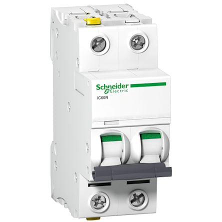 Schneider Electric Acti9 A9F0 Miniature Circuit Breaker, 2-Pole, 2A, Type C, 440V ac AC, 125 V dc DC, 50 kA Breaking