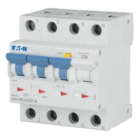 Eaton Residual Current Circuit Breaker with Overload Protection, 20A Current Rating, 3+N-Pole, 100 mA Trip Sensitivity,