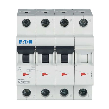 Eaton xEffect FAZ Miniature Circuit Breaker, 3-Pole, 32A, Type K, 400V ac AC, 60 V dc DC, 10 kA Breaking Capacity
