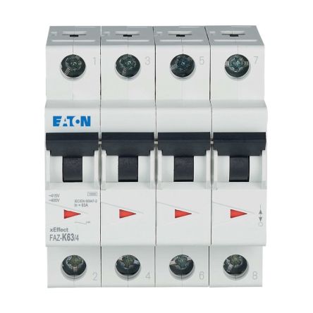 Eaton xEffect FAZ Miniature Circuit Breaker, 4-Pole, 63A, Type K, 400V ac AC, 60 V dc DC, 7.5 kA Breaking Capacity