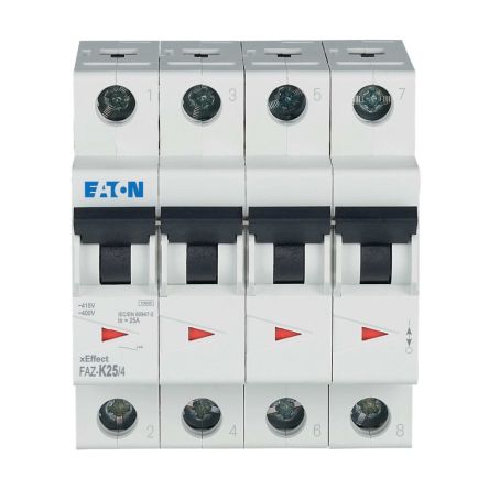 Eaton xEffect FAZ Miniature Circuit Breaker, 4-Pole, 25A, Type K, 400V ac AC, 60 V dc DC, 10 kA Breaking Capacity