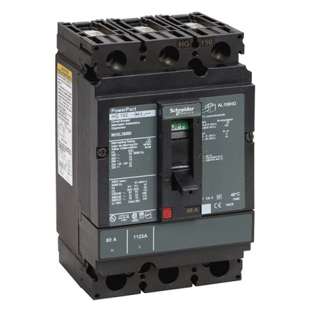 Schneider Electric, PowerPact, PowerPact Molded Case Circuit Breaker 3-Pole 80A, Breaking Capacity 18 kA, DIN Rail