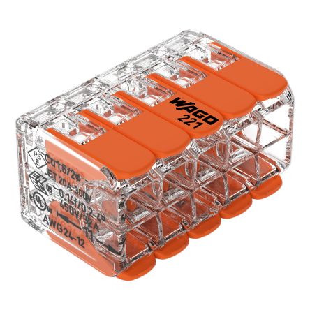 WAGO 221 Series Splice Connector, 10-Way, 12AWG, 24 AWG Wire, 32A Cage Clamp