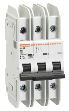 Lovato P1MB Miniature Circuit Breaker, 3-Pole, 20A, Type C, 400V ac AC, 125 V dc DC, 10 kA Breaking Capacity