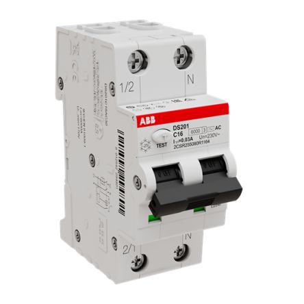ABB Residual Current Circuit Breaker with Overload Protection, 16A Current Rating, 2-Pole, 30 mA Trip Sensitivity, Type