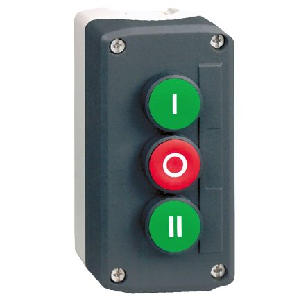 Schneider Electric Spring Return Push Button Control Station - 2 NO/1 NC, Polycarbonate, 3 Cutouts, Green, Red, I/O/II,