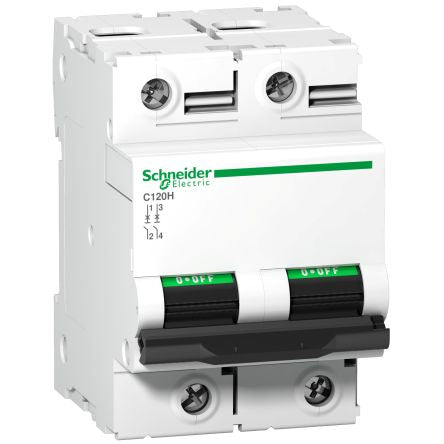 Schneider Electric Acti9 Acti9 C120 Miniature Circuit Breaker, 2-Pole, 100A, Type D, 250 V dc DC, 15000 A Breaking
