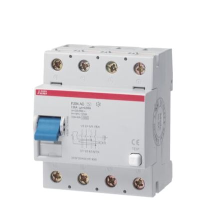 ABB F200 Series Residual Current Circuit Breaker, 125A, 4-Pole, 30 mA, Type AC, 0.03 A 230V ac