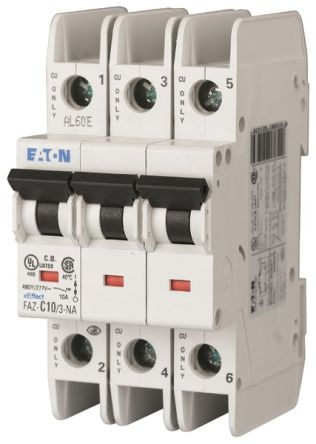 Eaton FAZ-NA Miniature Circuit Breaker, 3-Pole, 10A, Type D, 480V ac AC, 60 V dc DC, 15 kA Breaking Capacity