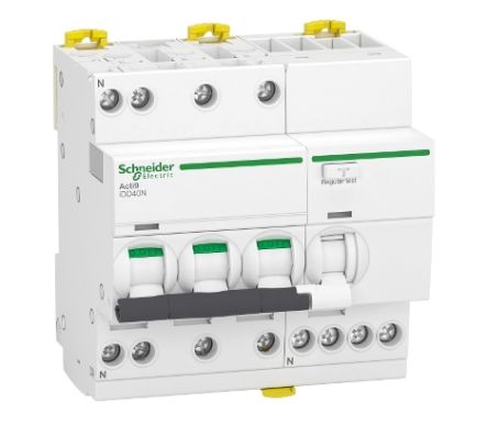 Schneider Electric Residual Current Circuit Breaker with Overload Protection, 25A Current Rating, 3-Pole, 30 mA Trip