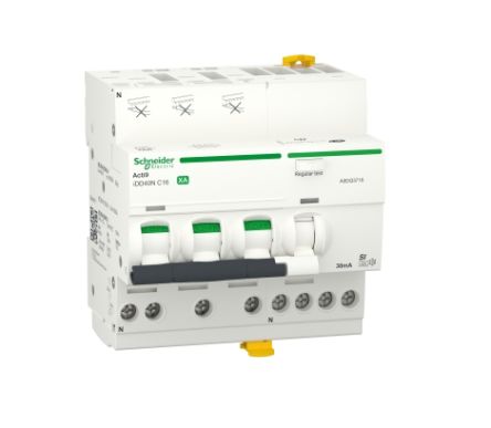 Schneider Electric Residual Current Circuit Breaker with Overload Protection, 16A Current Rating, 3-Pole, 30 mA Trip