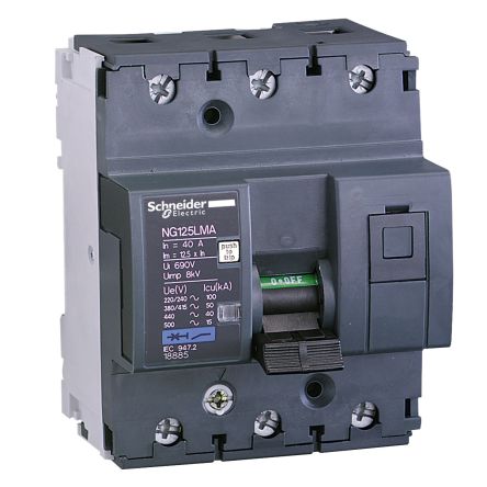 Schneider Electric Acti9 Acti9 Moteur Miniature Circuit Breaker, 3-Pole, 63A, Type MA, 50 kA Breaking Capacity