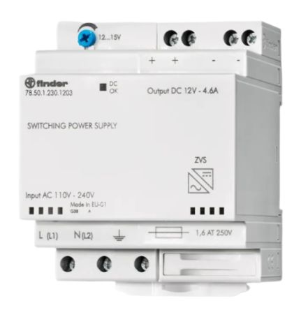 Finder Embedded Switch Mode Power Supply, 78.50.1.230.1202 12V dc, 4.6A, 50 W, Input 230V ac to 240V ac