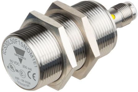 Carlo Gavazzi ICS30L50F15PCM1E1 Threaded Barrel Inductive Proximity Sensor, M30 PNP ICS30 60V dc 15 mm 60 V dc 200mA