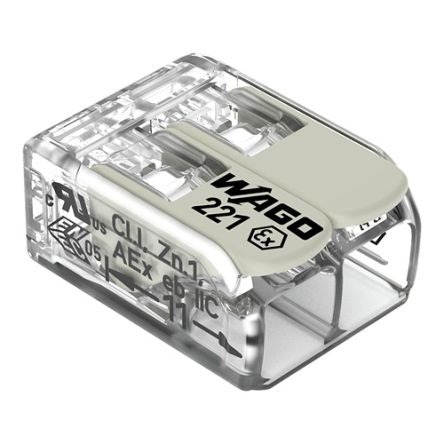 WAGO 221 Series Connector, 2-Way, 12AWG, 24 AWG Wire, 20A Plug-In