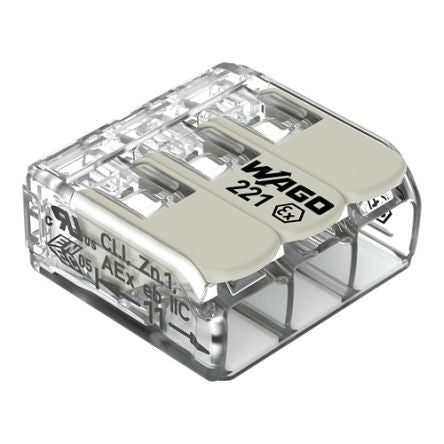 WAGO 221 Series Connector, 3-Way, 12AWG, 24 AWG Wire, 32A Cage Clamp