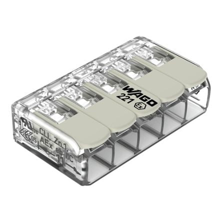 WAGO 221 Series Connector, 5-Way, 12AWG, 24 AWG Wire, 32A Cage Clamp