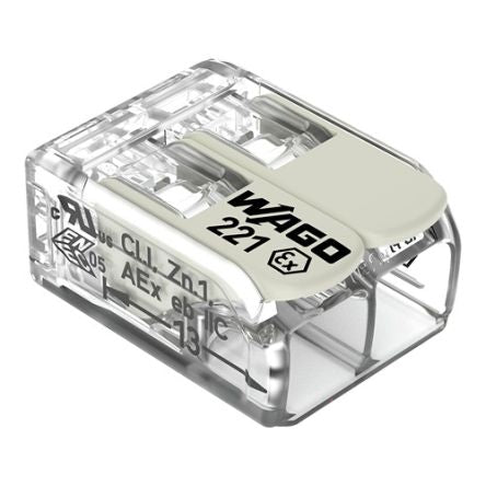 WAGO 221 Series Connector, 2-Way, 10AWG, 20 AWG Wire, 37A Cage Clamp