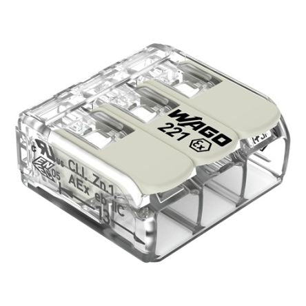 WAGO 221 Series Connector, 3-Way, 10AWG, 20 AWG Wire, 37A Cage Clamp