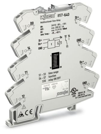 WAGO 857 Series DIN Rail Timer Relay, 1-Contact, 250 V dc 250V ac, 0.01 s to 100 h, 1 CO Switch Configuration