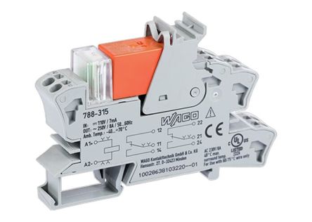 WAGO 788 Series Relay Module, DIN Rail, 110V dc Coil, DPDT, 6mA