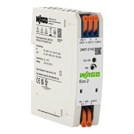 WAGO DIN Rail Power Supply 24V dc, 1.25 A Output 30 W