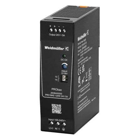 Weidmüller PRO BAS Power Supply DIN Rail Power Supply 264V ac AC/DC Input 24V dc, 5 A Output DC 120 W