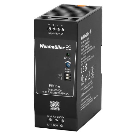 Weidmüller PRO BAS Power Supply DIN Rail Power Supply 370 V dc, 264V ac AC/DC Input 48V dc, 5 A Output DC 240 W