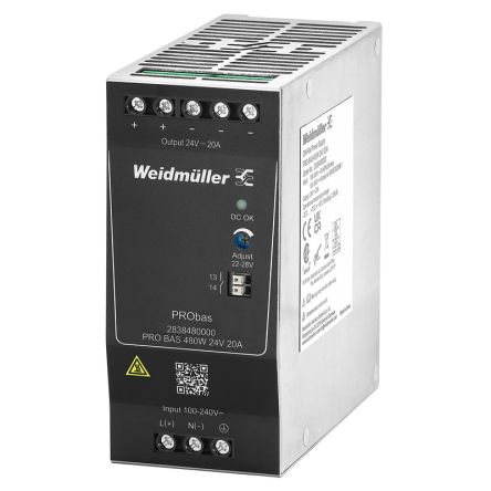 Weidmüller PRO BAS Power Supply DIN Rail Power Supply 264V ac AC/DC Input 24V dc, 20 A Output DC 480 W