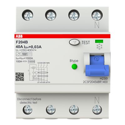ABB F200 Series Residual Current Circuit Breaker, 40A, 4-Pole, 30 mA, Type B