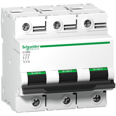 Schneider Electric Acti9 Acti9 C120 Miniature Circuit Breaker, 3-Pole, 100A, Type C, 440V ac AC, 375 V dc DC, 10 kA